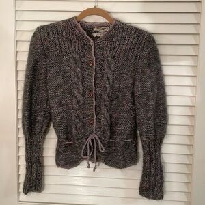 Ann Taylor Vtg Wool Blend Button Down Knit Drawstring Scalloped Edge Sweater